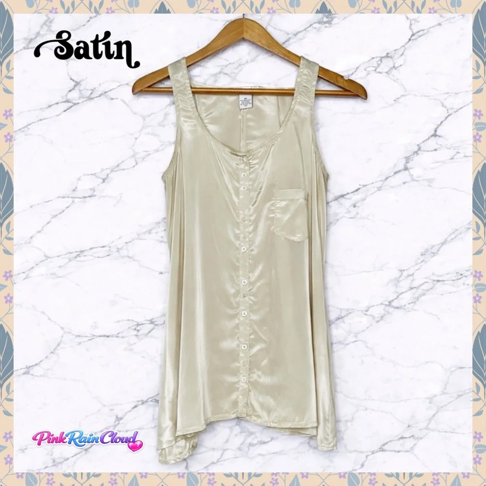 Fun & Flirt Creamy Champagne Shimmer Button Up Tank Top Blouse Women’s M